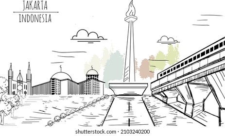 Illustration of Monas (National Monument) in Jakarta, Indonesia. Mosque and Church. Vector hand drawing of a travel sketch. An illustration of a postcard, poster, or travel book.