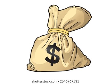 Ilustração de um saco de dinheiro cheio de dinheiro mostrando riqueza e segurança em um design vibrante. Conceito financeiro