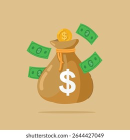 illustration of money bags, coins and paper dollar bills flying around investment profits