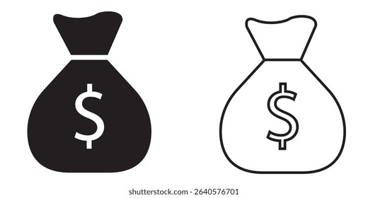 Illustration of money bags in contrasting styles showcasing currency symbols and different color schemes