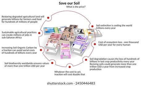 Illustration with money and costs. Save our Soil for all things.