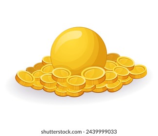 Illustration of money and gold sticker. This beautifully illustrated pile of gold combines expert design techniques with a whimsical cartoon aesthetic on a clean white background. Vector illustration.