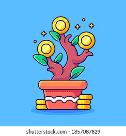 Illustration of money growing investment. money growth with gold coins, investment factory growth, business and financial icon concept, flat cartoon style