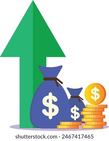 Illustration of money growth, profit, green rising arrow, monetary benefit, economic inflation value increase, financial revenue increase, interest rise symbol, economy investment, budget increase con