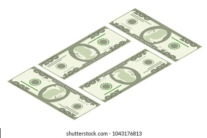 Illustration of money icons. Dollar currency banknote green. Vector dollar bill isolated on white background. Isometric Flat illustration of money.