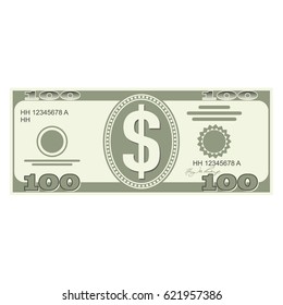 Illustration of money icons. Dollar currency banknote green. Dollars bill, money banknote. Vector dollar bill isolated on white background. Dollar currency banknote green. Flat illustration of money.