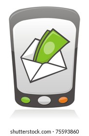 Illustration of money inside an envelope on a mobile phone screen.