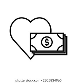 Illustration of money love and charity, heart with stack of money icon vector