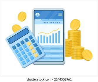 Illustration of money management and calculations on a smart phone. Conceptual design of a financial plan.