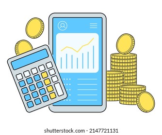 Illustration of money management and calculations on a smart phone. Conceptual design of a financial plan.