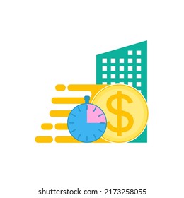 Illustration with money, multi storey residential building and stopwatch. Real estate and quick sale of apartments with speed symbol. Vector clipart and drawing.