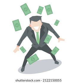 Illustration of money rain. successful male businessman. happy expression. suitable for the theme of work, success, profit, rich, etc. flat vector style