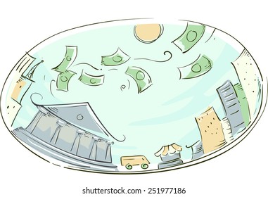 Illustration Of Money Raining Down A Modern City