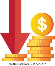 Illustration money revenue loss and financial expense cost flat cash icon concept stock crisis budget shortage investment bad income with red down arrow, on white background