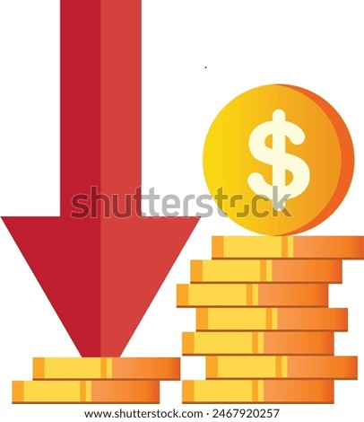 Illustration money revenue loss and financial expense cost flat cash icon concept stock crisis budget shortage investment bad income with red down arrow, on white background