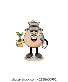 Illustration of money sack cartoon holding a plant seed , character design