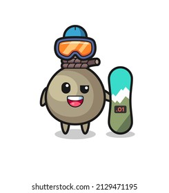 Illustration of money sack character with snowboarding style , cute style design for t shirt, sticker, logo element