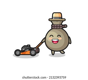 illustration of the money sack character using lawn mower , cute style design for t shirt, sticker, logo element