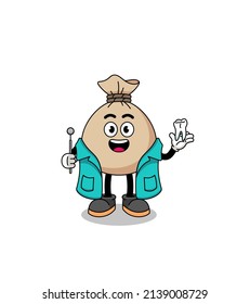 Illustration of money sack mascot as a dentist , character design