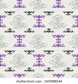 Illustration of mongolian traditional symbols, motifs, polka dots and stylized clouds. Geometric pattern.