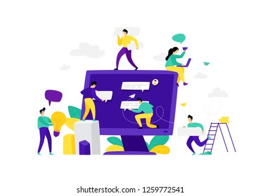 Illustration of a monitor with chat messages. Vector. Flat style. Mocap, web template. The team of employees communicates in chat rooms and messengers. Communications in social networks. Teamwork.