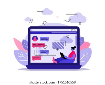 Illustration of a monitor with chat messages. Vector. Flat style. Mocap, web template. Character in chat rooms and messengers. Communications in social networks. EPS