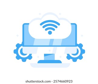 Illustration of monitor, gears, cloud storage symbols and wi-fi in flat style.