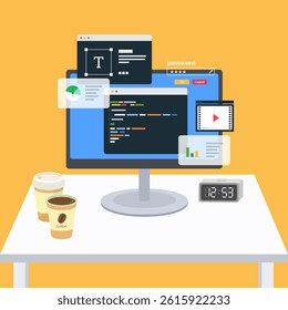 it illustration. Illustration of a monitor and various programs for work, and takeout coffee on a desk. Vector illustration design.