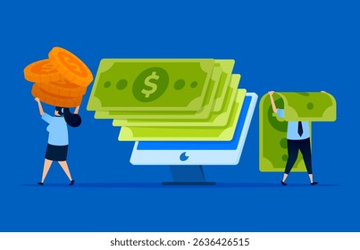 Illustration of monitors displaying piles of green paper money, financial and accounting software developed by fintech companies. Can be used for software websites, finance apps, and fintech