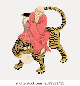 Illustration of a monk in a red robe riding a tiger. The monk sits on the tiger, traditional art. The tiger is detailed, emphasizing the monk's serene pose. Vintage Japanese illustration vector.