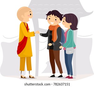 Illustration of a Monk Shaking Hands of a Couple