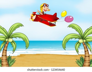 Illustration of a monkey in airplane and  beautiful beach