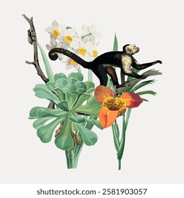 Illustration of a monkey among vibrant flowers and lush greenery. Monkey perched on branches, surrounded by flowers and green leaves, creating a lively scene. Vintage animal illustration vector.