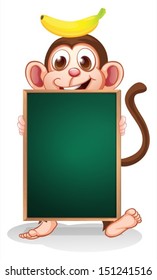 Illustration of a monkey with a banana on his head holding an empty blackboard on a white background