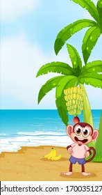 Illustration of a monkey at the beach with bananas