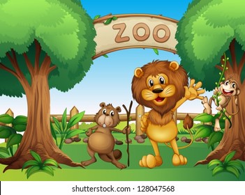 Illustration of a monkey, beaver and a lion in the zoo