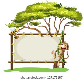 Illustration of a monkey and the bee beside the empty signage on a white background