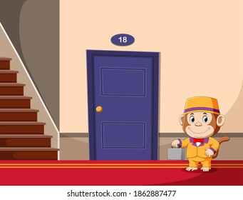 The illustration of the monkey as the bell boy holding the grey suite case standing in front of the hotel's door