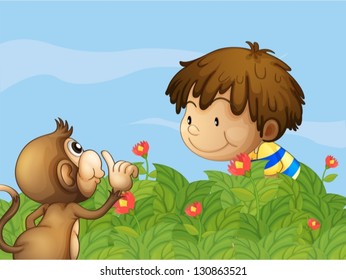 Ilustración de un mono y un niño hablando en el jardín