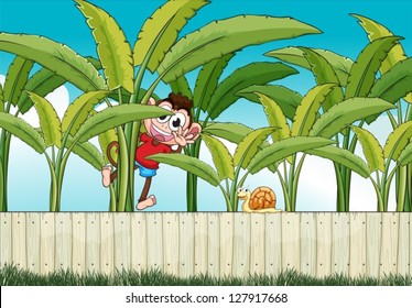 Illustration of a monkey climbing at the banana plant