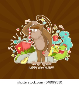 Illustration of Monkey with colorful ornaments on brown rays background for Chinese New Year celebration.