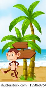 Illustration of a monkey dancing at the beach with arrowboards