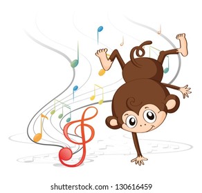 Illustration of a monkey dancing with musical notes on a white background