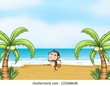 Illustration of a monkey dancing on a beach in a beautiful nature
