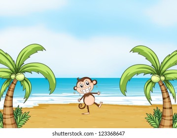 Illustration of a monkey dancing on a beach