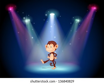 Illustration of a monkey dancing on the stage with spotlights