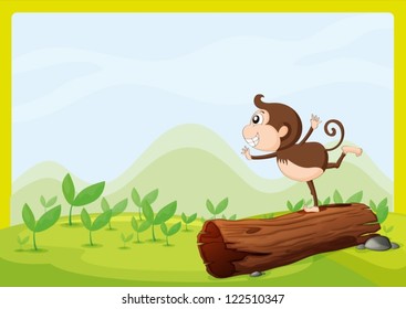 Illustration of a monkey dancing on wood in a beautiful nature