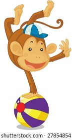 Illustration of a monkey doing hand stands on ball