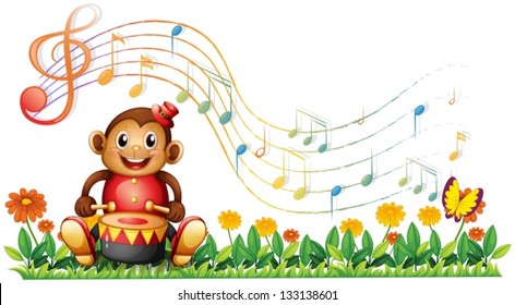 Illustration of a monkey with a drum at the garden on a white background