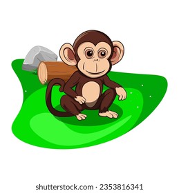 Illustration of a monkey in the forest against a background of grass, wood and stones.
